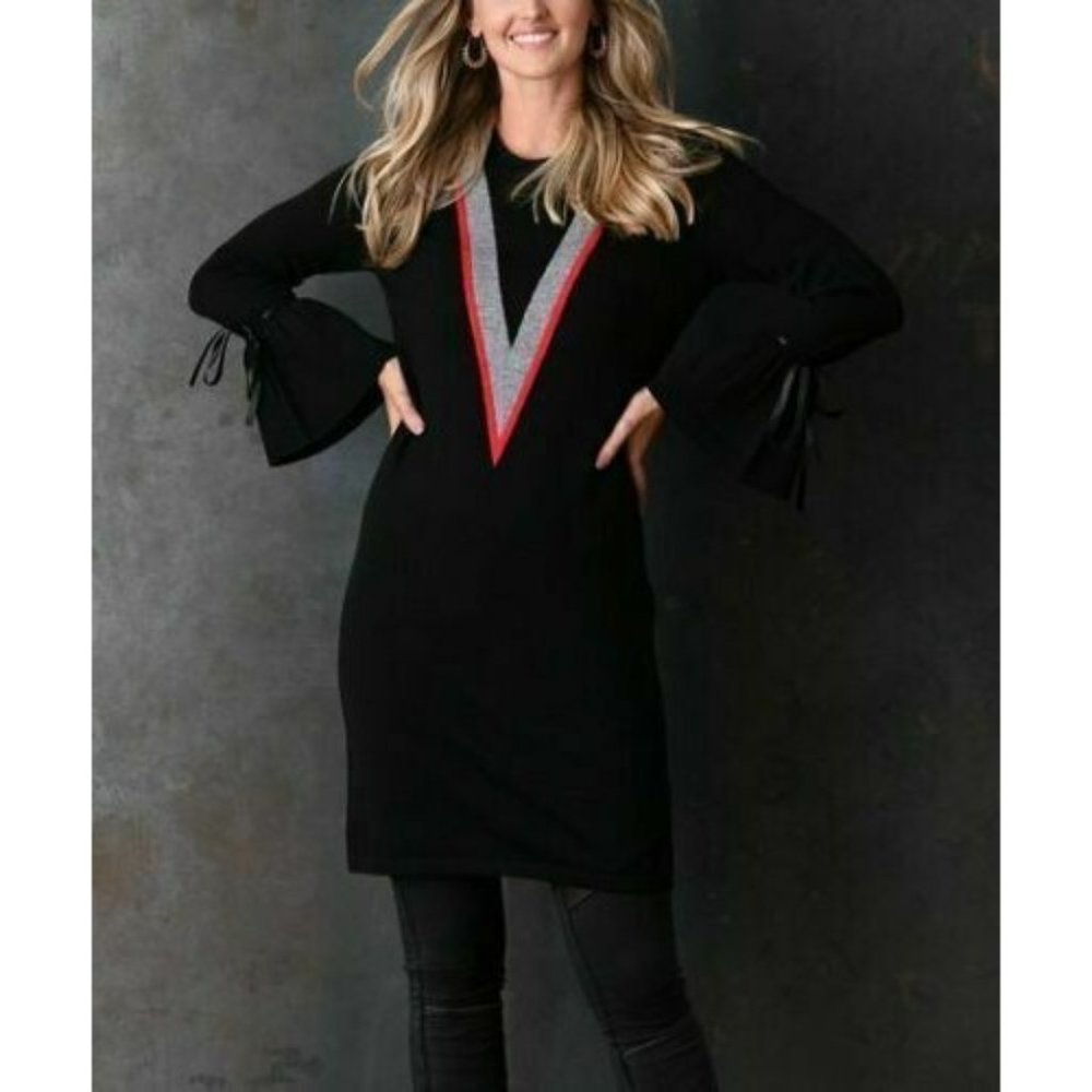 Simply Couture Size 3X Black Red Gray Bell Tie Sleeve Sweater Tunic or Dress 3xl